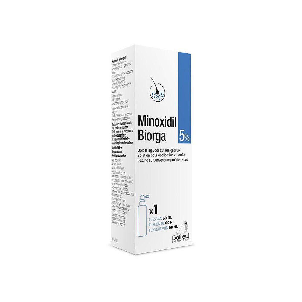 Boîte de Minoxidil Biorga 5%. Emballage blanc avec bande bleue. Contient un flacon avec vaporisateur.