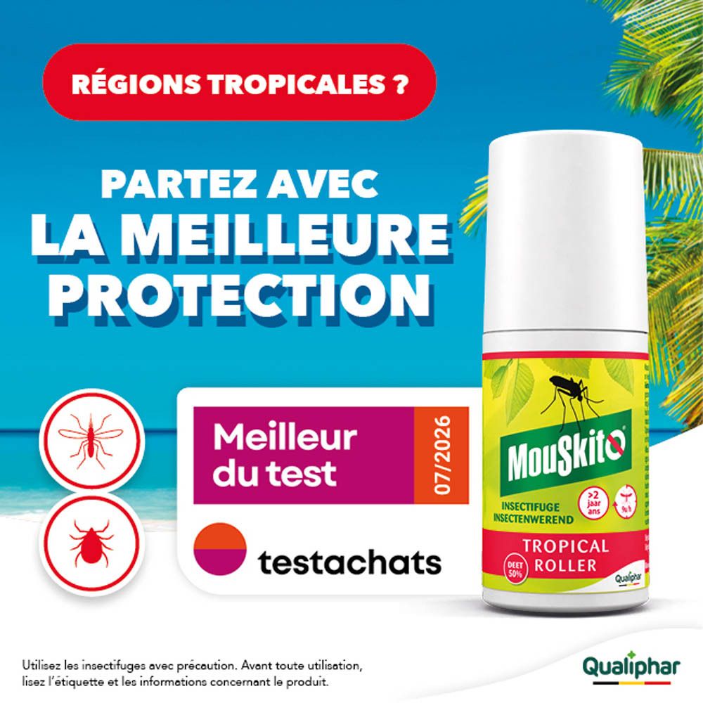 Mouskito Tropical Roller avec sceau 'Meilleur du test' et symbole de moustique.
