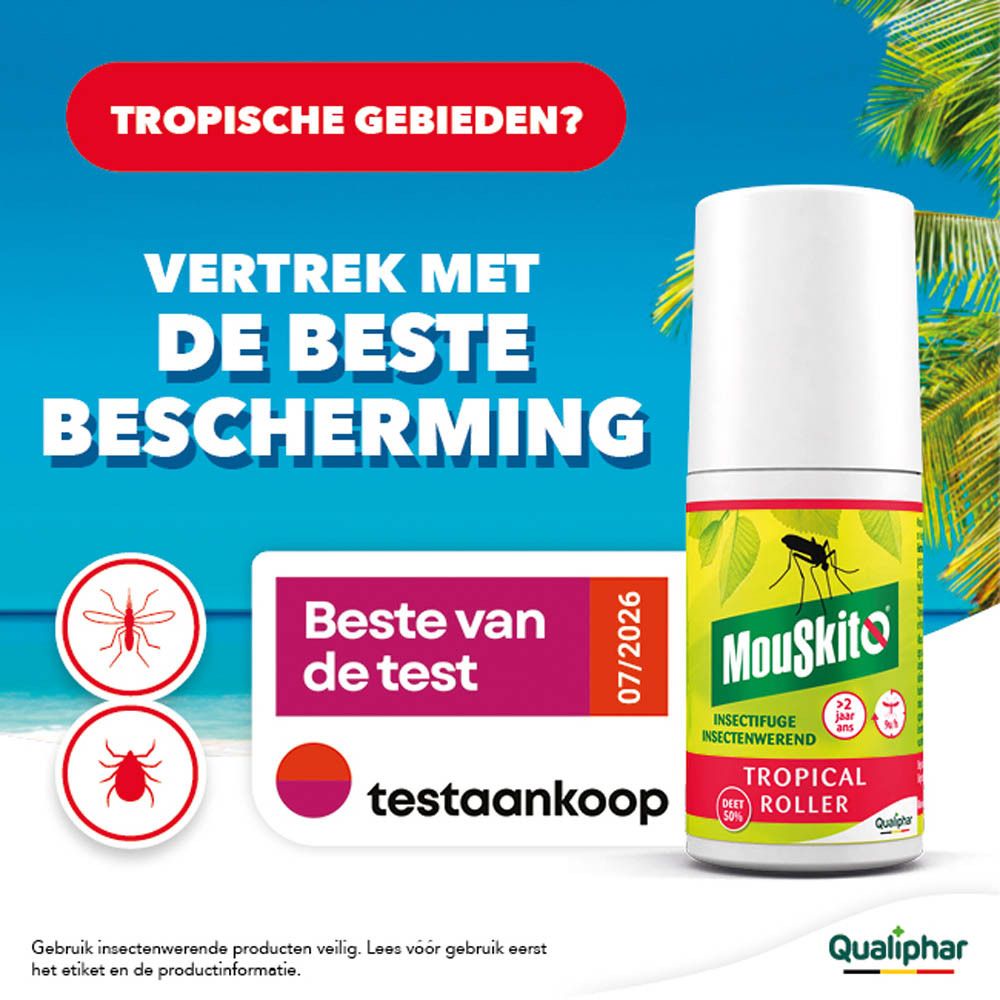 Mouskito Tropical Roller met 'Beste van de test' zegel en muggensymbool.