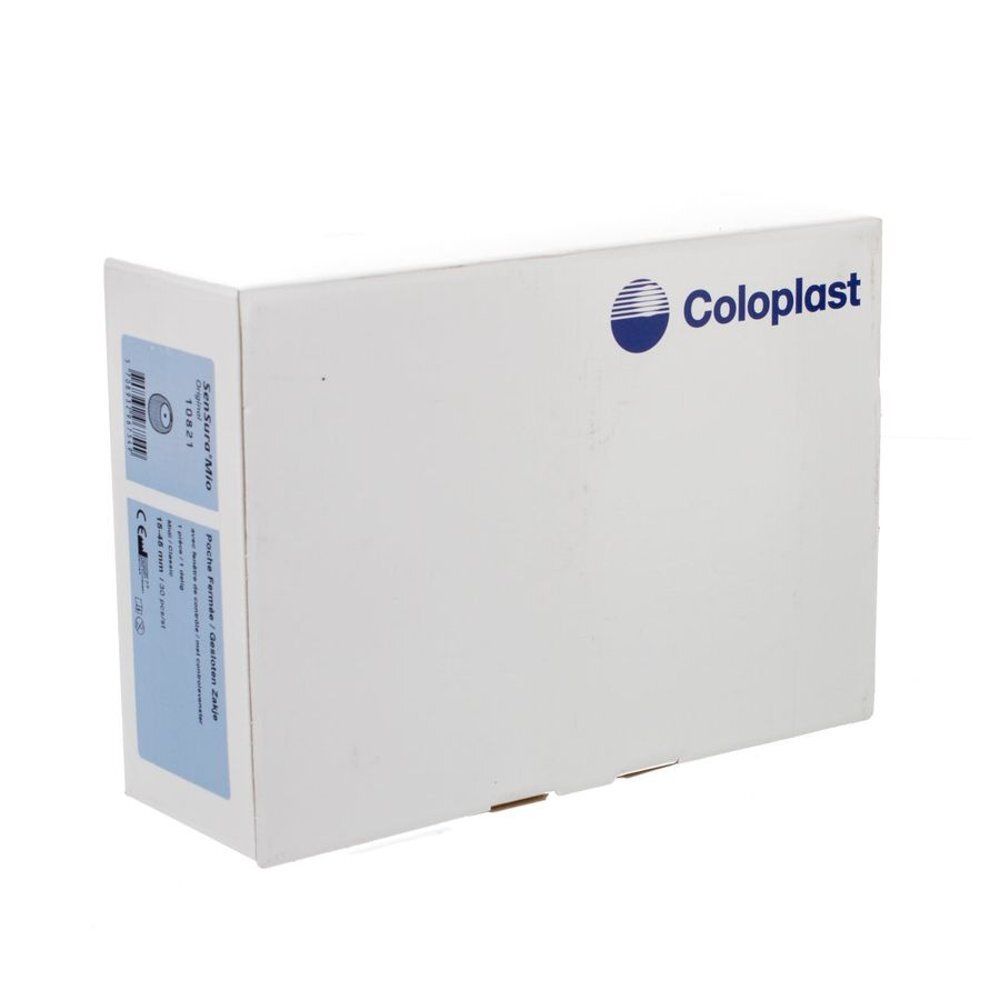 Witte doos met Coloplast-logo. Sticker met productinformatie. Schuine weergave.