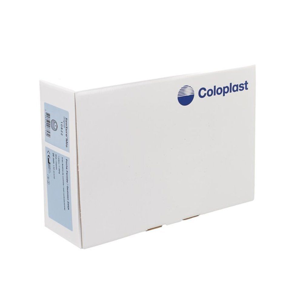 Witte doos met Coloplast-logo. Productinformatie en Sensura Mio-details op de zijkant. Midi-formaat.
