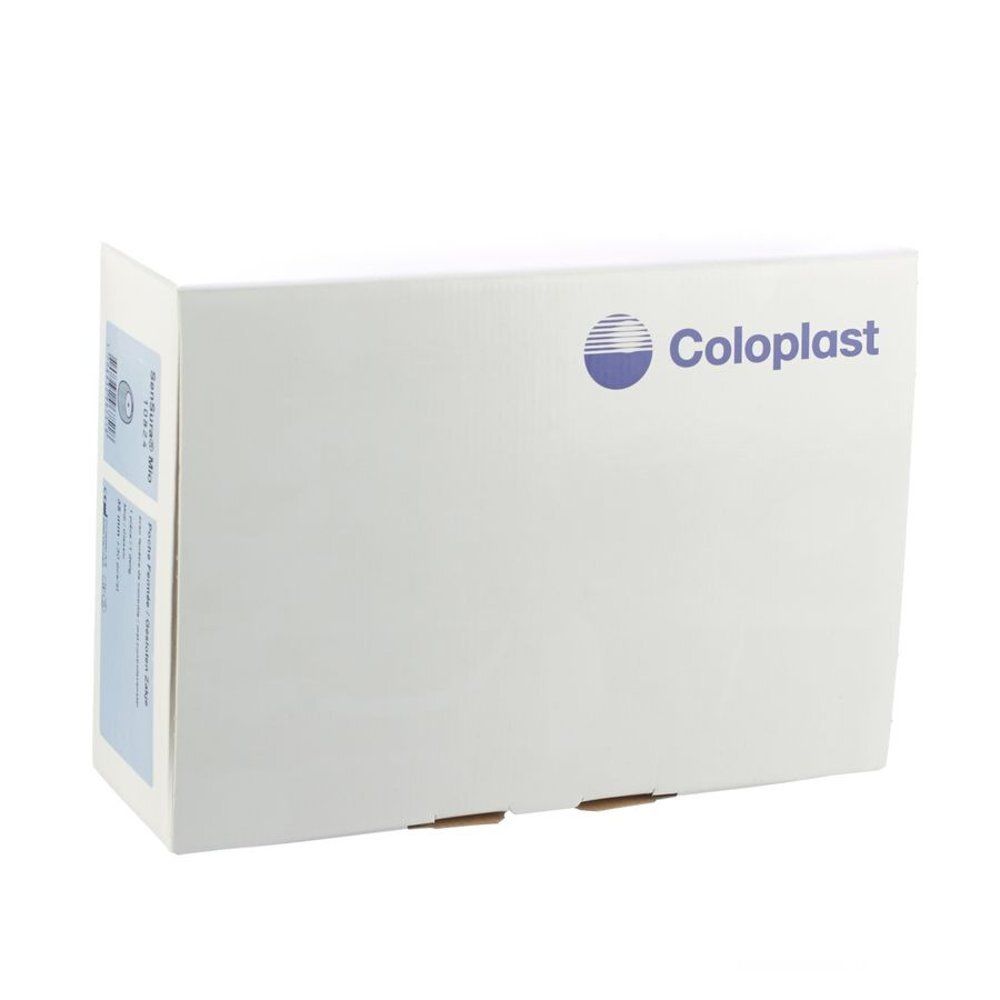 Witte doos met Coloplast-logo. Labels met tekst op de zijkant. De doos is gesloten.