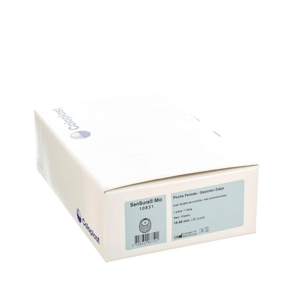Witte doos met productinformatie. Opschrift: Sensura Mio 10831, Coloplast logo. Details over maat en inhoud.