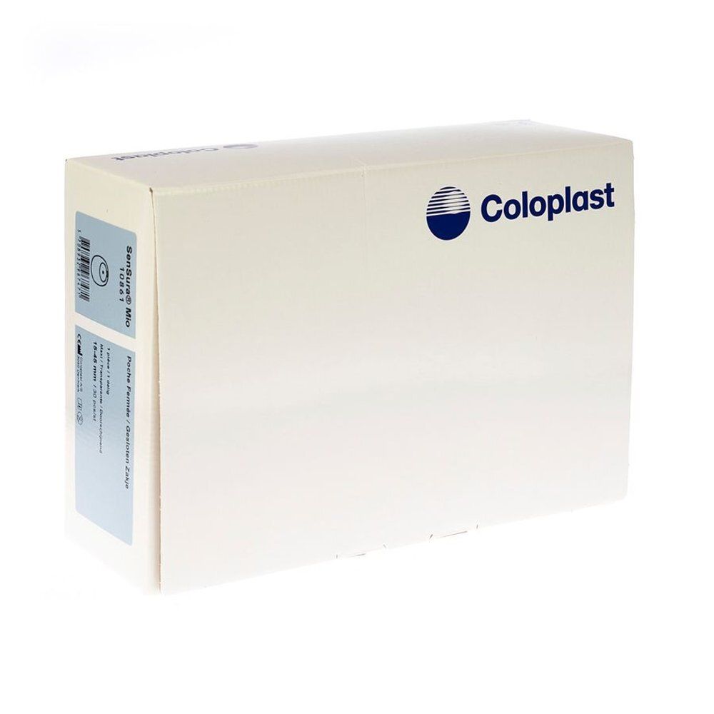 Boîte blanche avec logo Coloplast. Autocollant avec informations produit et code-barres. Vue en coin.