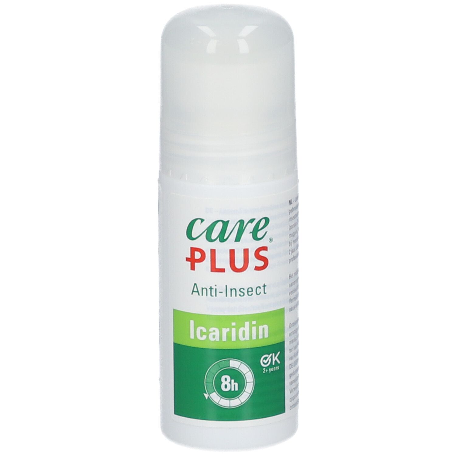 Roll-on anti-insectes Care Plus. Flacon blanc avec étiquette verte et rouge. Contient de l'Icaridine. Protection 8h.