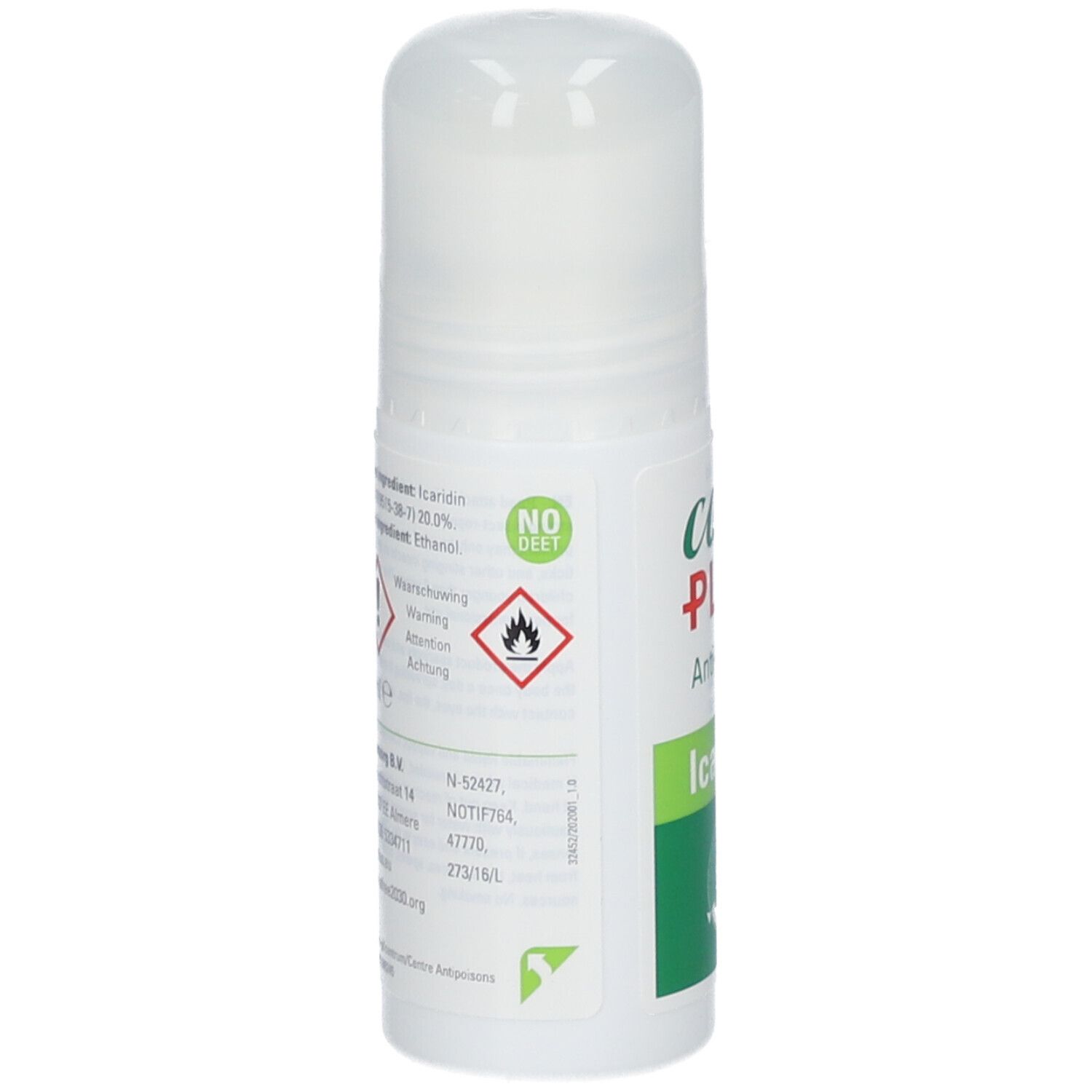 Care Plus Roll-on anti-insectes. Arrière du flacon blanc. Contient de l'icaridine. Avertissements et ingrédients.