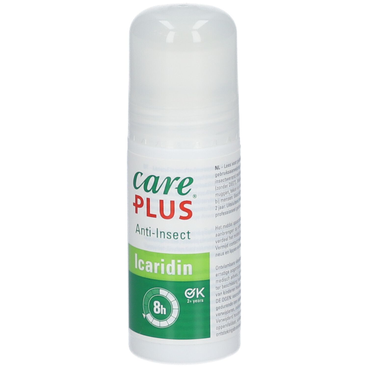 Roll-on anti-insectes Care Plus. Flacon blanc avec étiquette verte et rouge. Contient de l'Icaridine. Protection 8h.