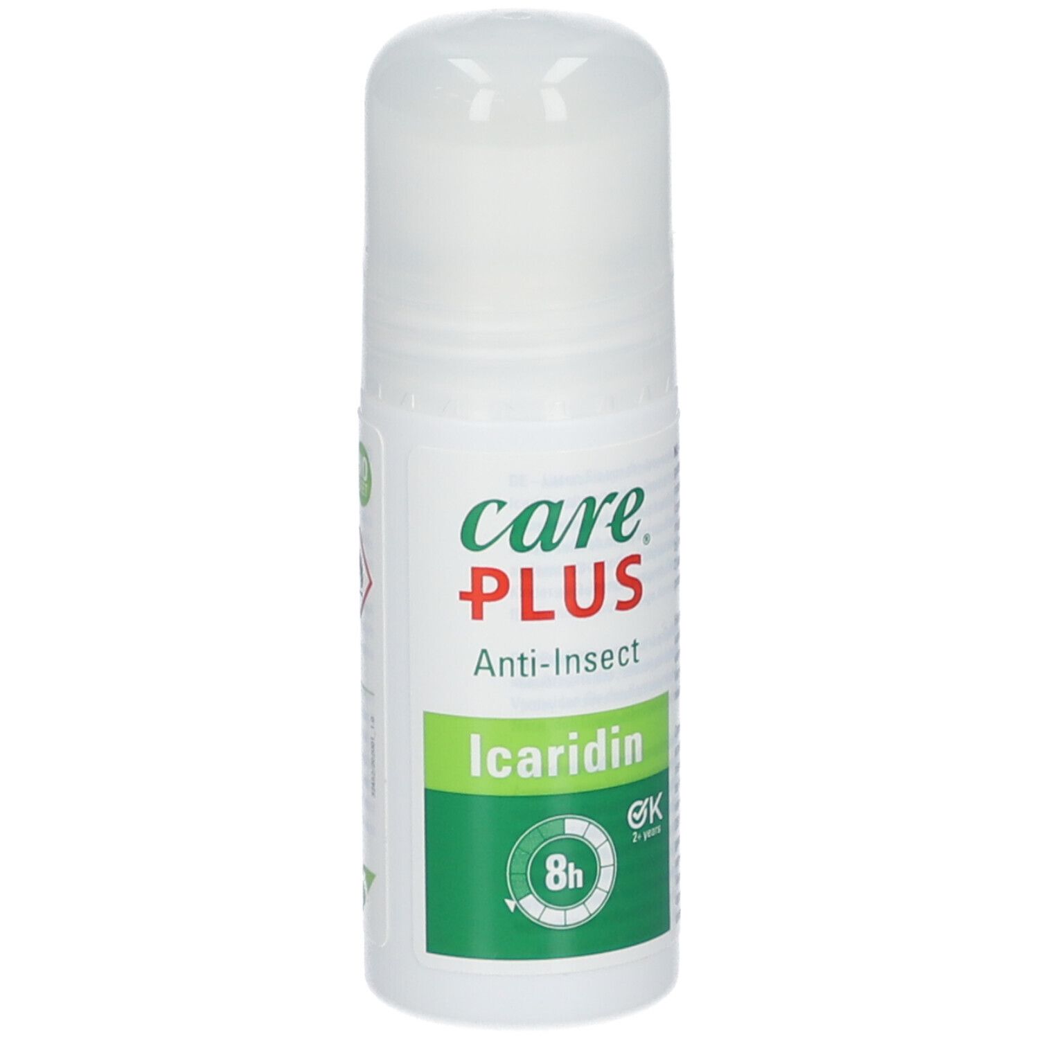 Roll-on anti-insectes Care Plus. Flacon blanc avec étiquette verte et rouge. Contient de l'Icaridine. Protection 8h.
