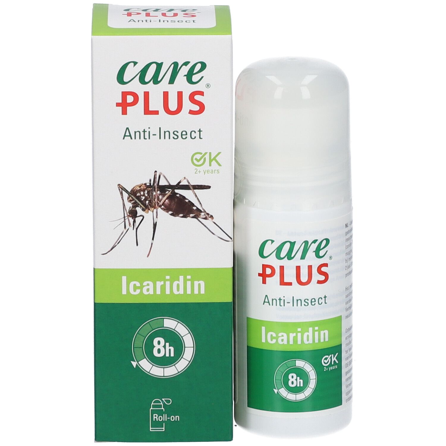 Care Plus Roll-on anti-insectes et emballage. Nom du produit et logo. Contient de l'icaridine. Protection 8h. Roll-on.