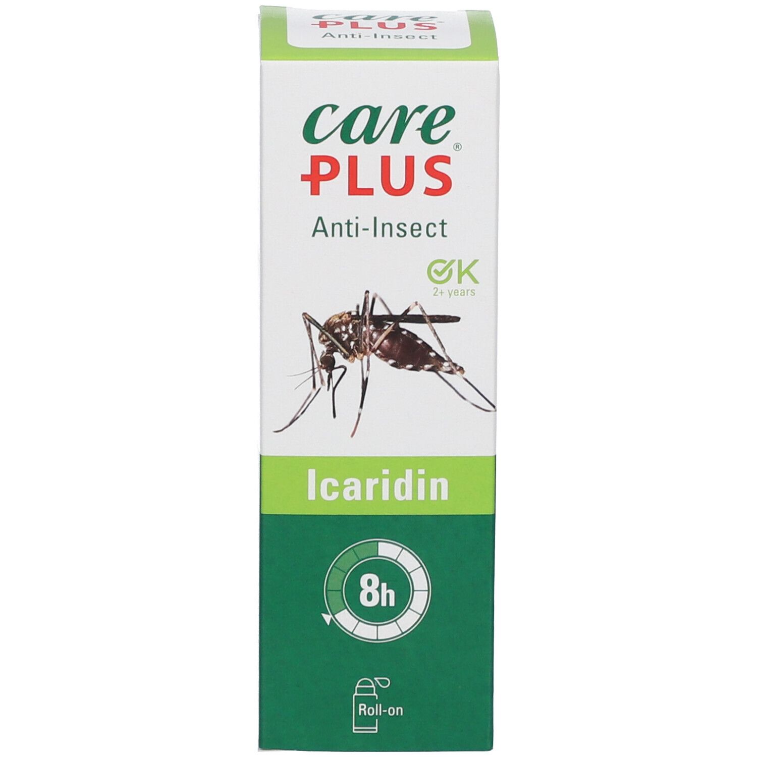 Emballage Care Plus Anti-Insectes. Nom du produit et logo. Contient de l'icaridine. Protection 8h. Image d'un moustique.