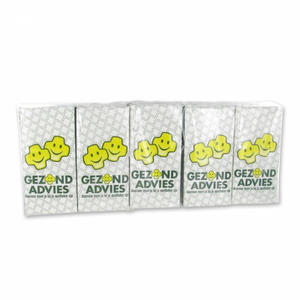 Plusieurs paquets de mouchoirs. Chaque paquet présente un visage souriant jaune et l'inscription "GEZOND ADVIES".