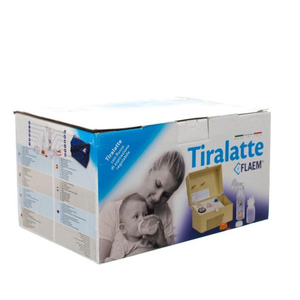 Doos met productafbeelding en tekst. Opschrift: Tiralatte FLAEM. Vrouw die een baby borstvoeding geeft.