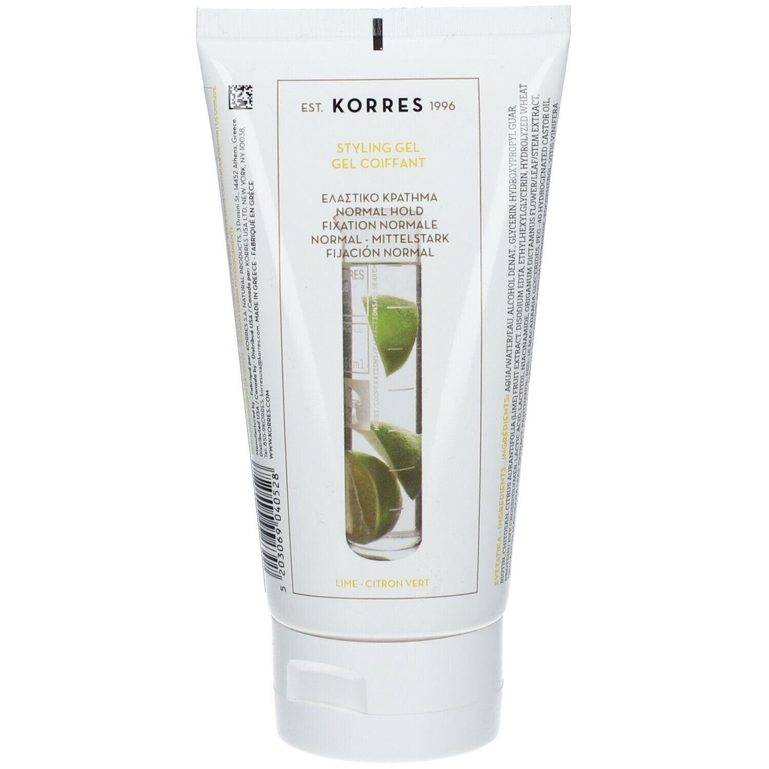 Wit-groene tube KORRES Styling Gel. Opschrift: Styling Gel, Normal Hold. Illustratie van limoenen. Productnaam en merk zijn zichtbaar.