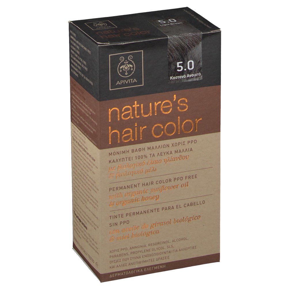 Haarkleurverpakking Apivita, 'nature's hair color'. Tint 5.0, lichtbruin. PPD-vrij. Met zonnebloemolie en honing.