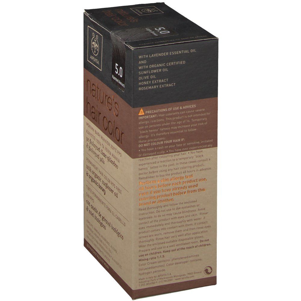 Zijaanzicht van de haarkleurverpakking. Bevat lavendelolie, zonnebloemolie, olijfolie, honingextract en rozemarijnextract. Voorzorgsmaatregelen.