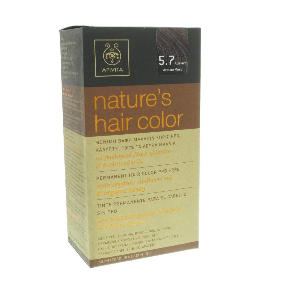 Boîte de coloration capillaire Apivita 5.7, brun clair beige. Inscription : nature's hair color. Sans PPD.