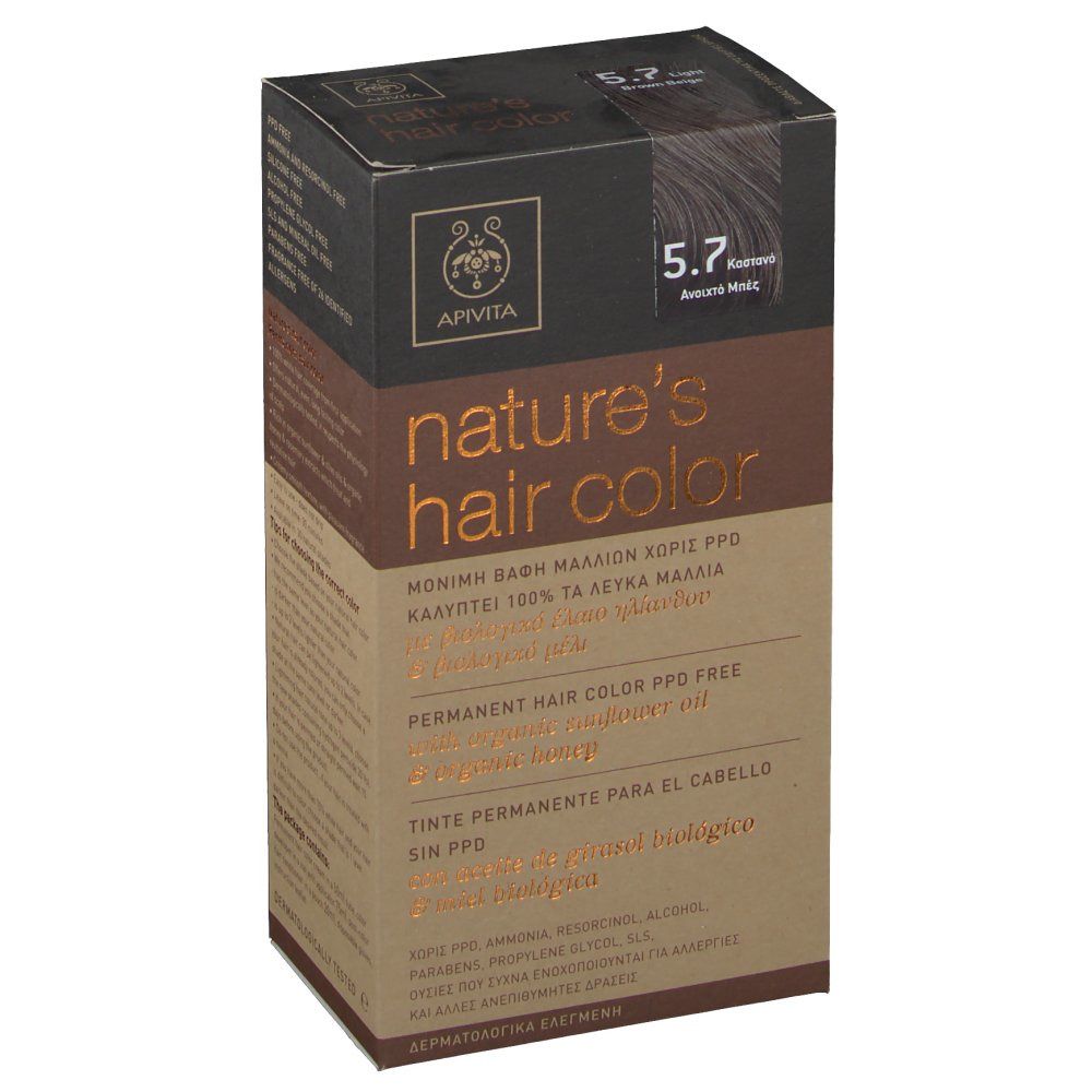 Boîte de coloration capillaire Apivita 5.7, brun clair beige. Inscription : nature's hair color. Sans PPD.