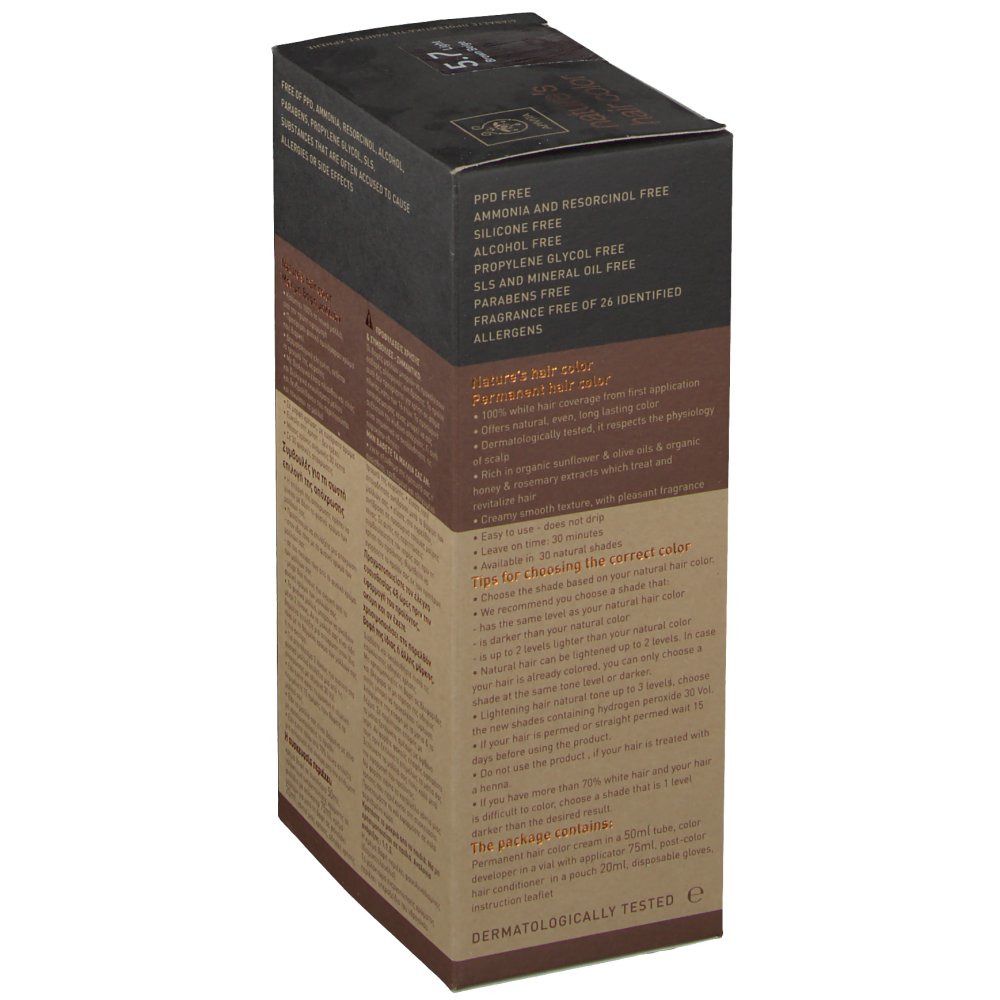 Côté boîte de coloration capillaire Apivita. Ingrédients et avertissements. Sans PPD, sans silicone, sans alcool.