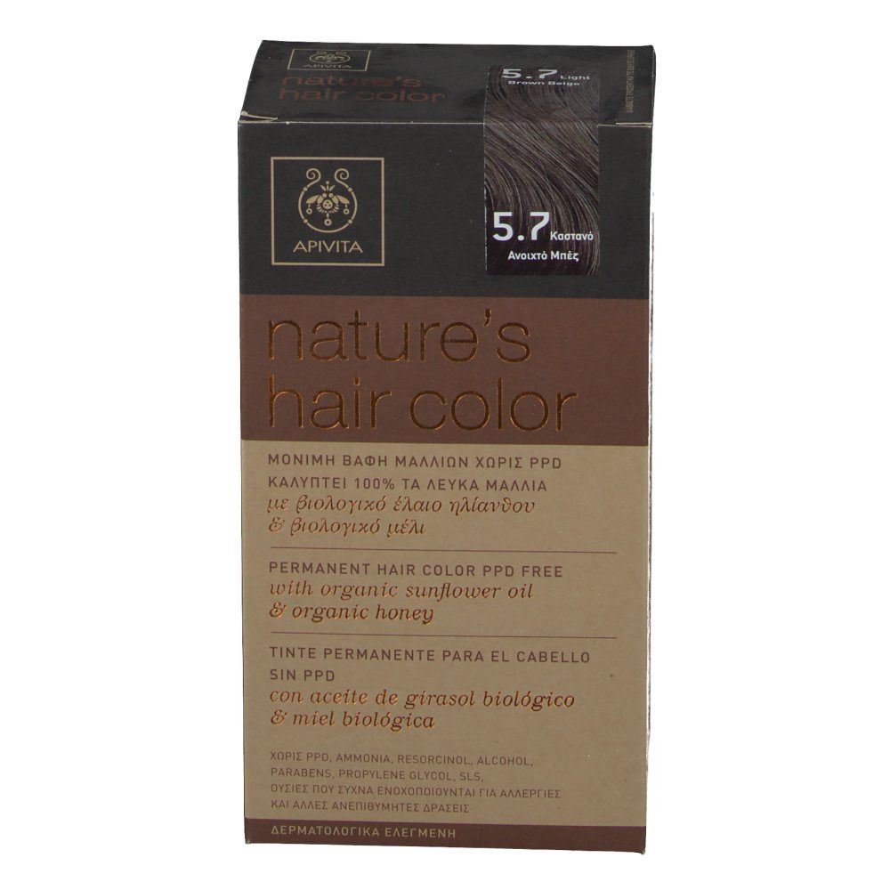 Boîte de coloration capillaire Apivita 5.7, brun clair beige. Inscription : nature's hair color. Sans PPD.