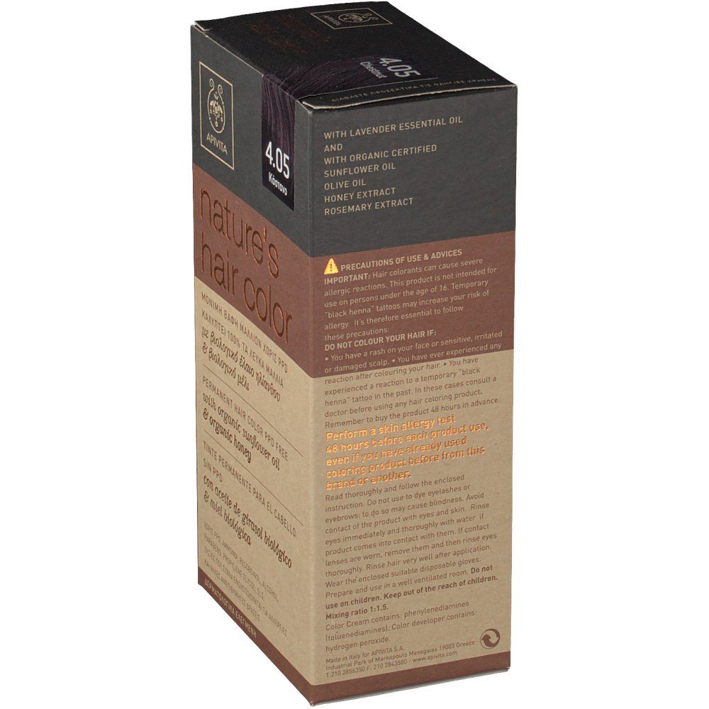 Vue latérale de la boîte de coloration capillaire. Inscription : Nature's Hair Color. Contient de l'huile de lavande, de tournesol, d'olive, extrait de miel, romarin. Texte.