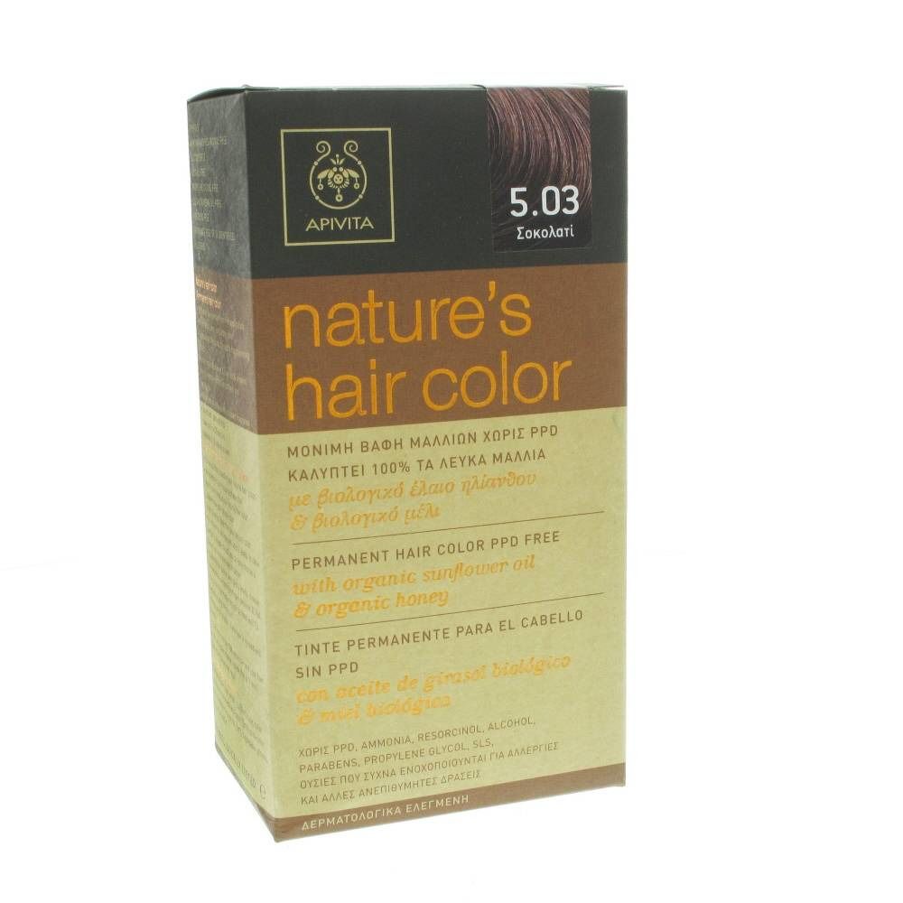 Boîte de coloration capillaire Apivita, teinte 5.03 Chocolat. Inscription : nature's hair color. Sans PPD, avec huile de tournesol et miel.