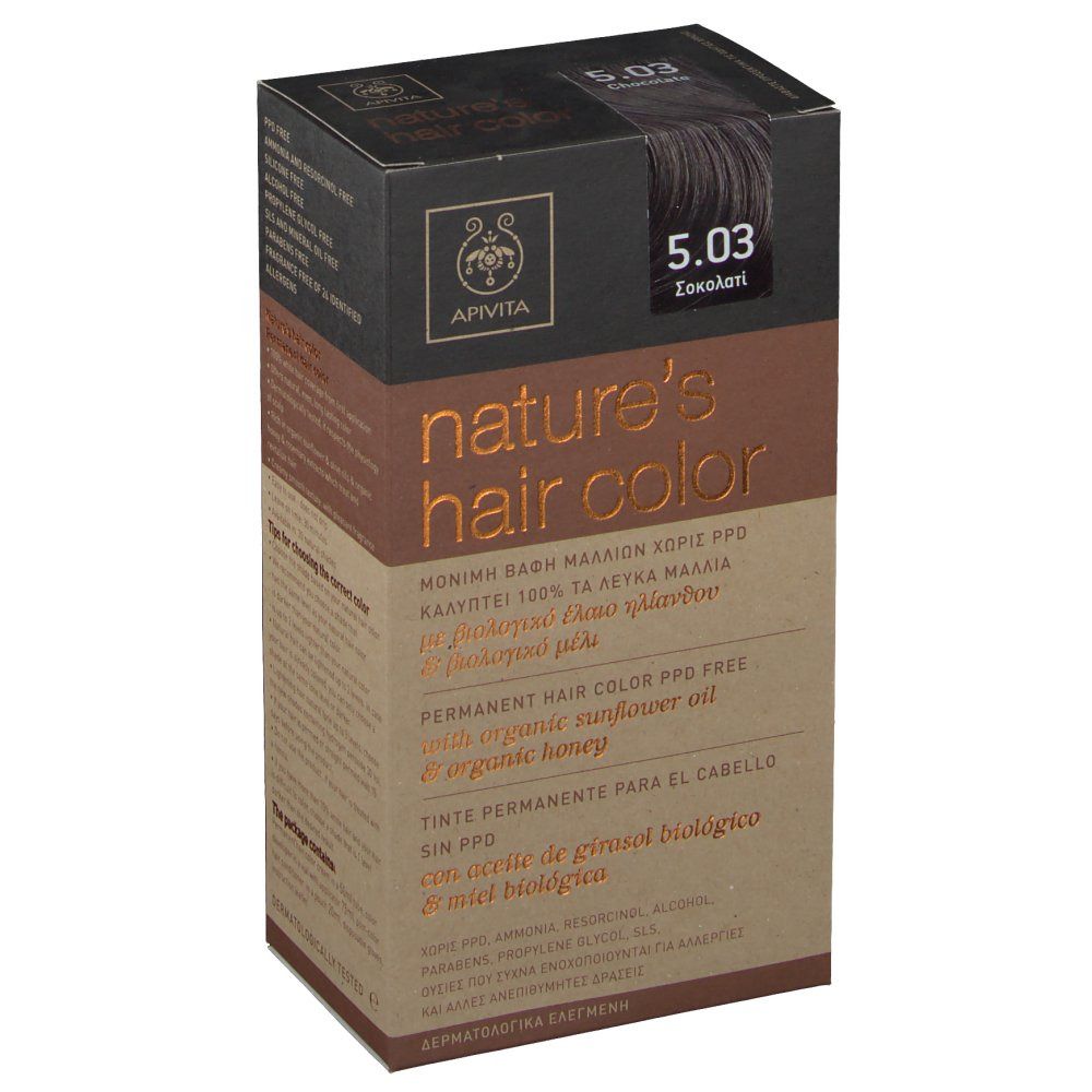 Boîte de coloration Apivita, 5.03 Chocolat. Inscription : nature's hair color. Sans PPD, avec huile de tournesol et miel. Emballage carton.