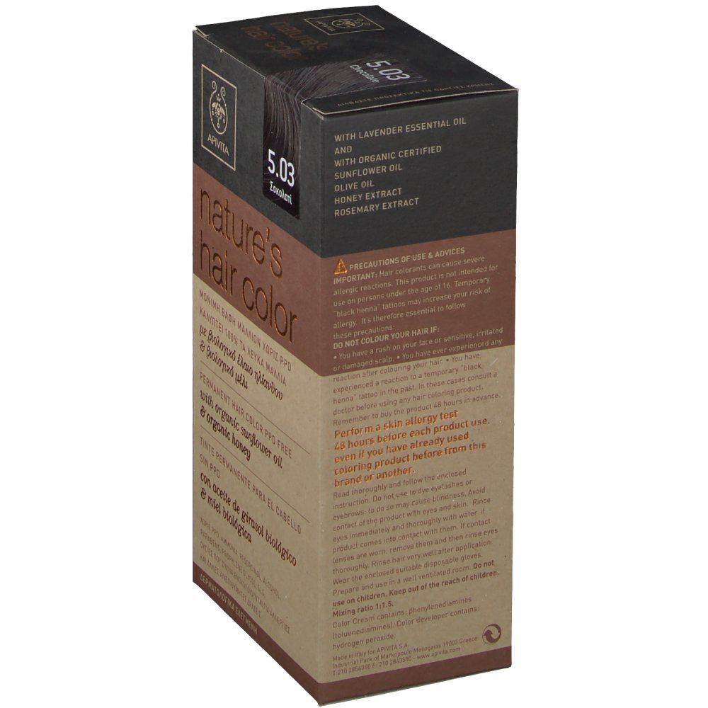 Dos de la boîte de coloration. Contient huile de lavande, tournesol, olive, extrait de miel, romarin. Précautions et instructions d'utilisation.