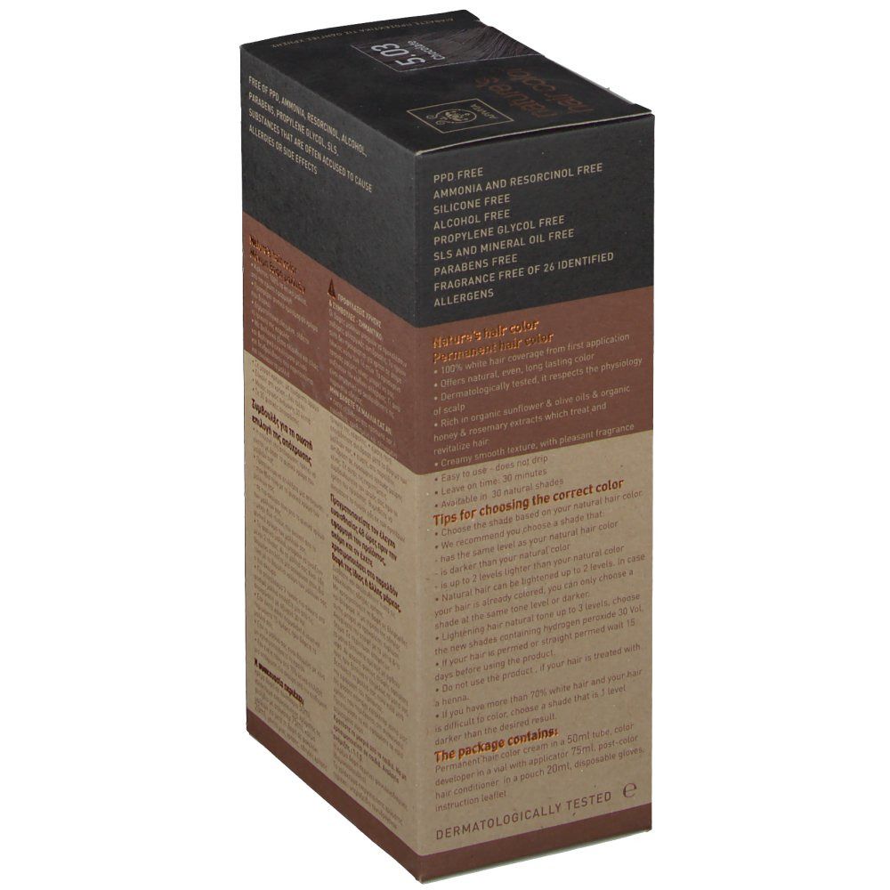 Dos de la boîte de coloration. Sans PPD, ammoniaque, résorcine, alcool, parabènes, propylène glycol, SLS. Informations allergènes. Conseils d'utilisation.
