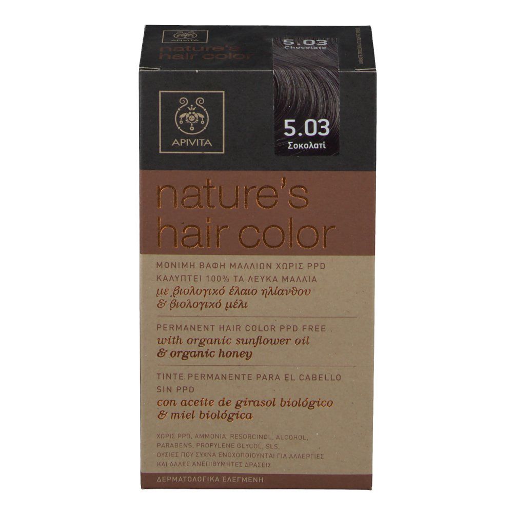 Boîte de coloration capillaire Apivita, teinte 5.03 Chocolat. Inscription : nature's hair color. Sans PPD, avec huile de tournesol et miel.