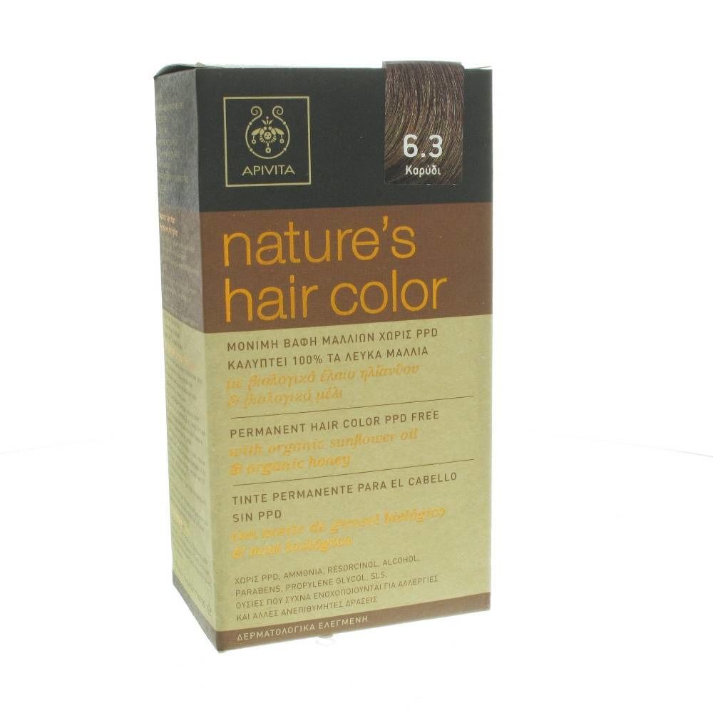 Boîte de coloration capillaire. Inscription : Apivita, nature's hair color, 6.3. Sans PPD. Emballage brun-beige.