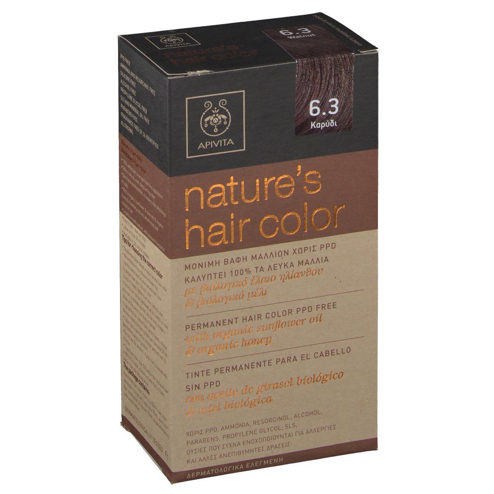 Boîte de coloration capillaire. Inscription : Apivita, nature's hair color, 6.3. Sans PPD. Avec huile de tournesol et miel.