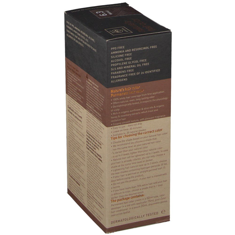 Boîte de coloration capillaire. Inscription : Sans PPD, silicone, alcool, propylène glycol, SLS, huile minérale, parabènes. Dos.