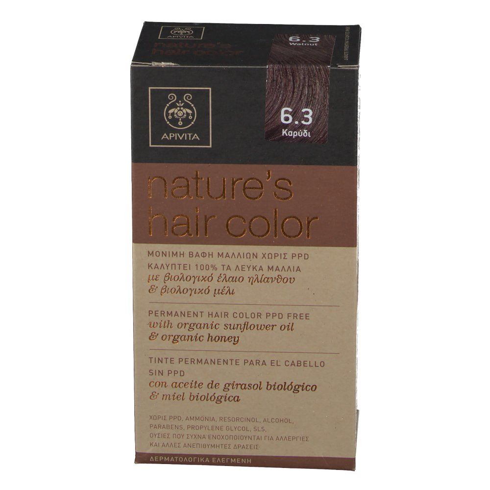 Boîte de coloration capillaire. Inscription : Apivita, nature's hair color, 6.3. Sans PPD. Avec huile de tournesol et miel. Brun-beige.