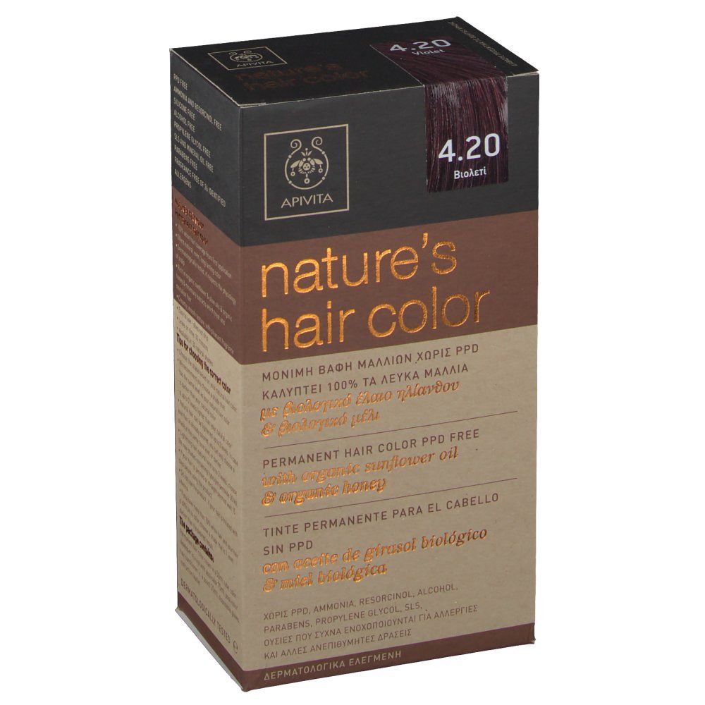 APIVITA Haarverf No. 4.20 Bruinpaars. Doos met productinfo en logo. Schuine weergave.