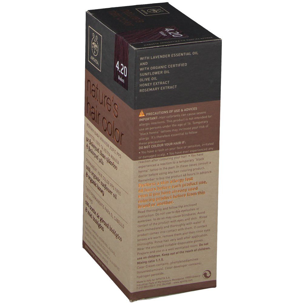 APIVITA Haarverf No. 4.20 Bruinpaars. Doos met productinfo en logo. Zijaanzicht.