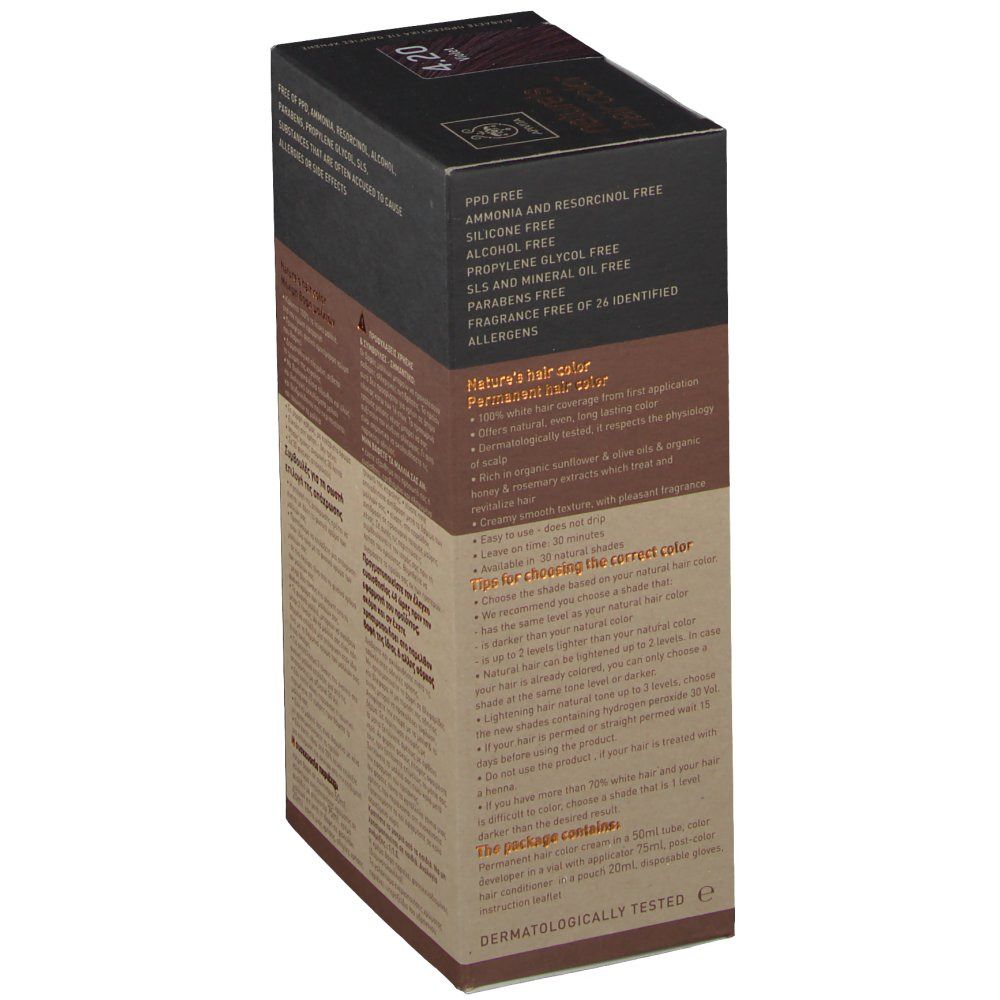 APIVITA Haarverf No. 4.20 Bruinpaars. Doos met productinfo en logo. Detailweergave.
