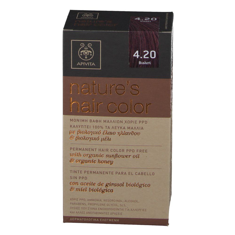 APIVITA Haarverf No. 4.20 Bruinpaars. Doos met productinfo en logo. Schuine weergave.