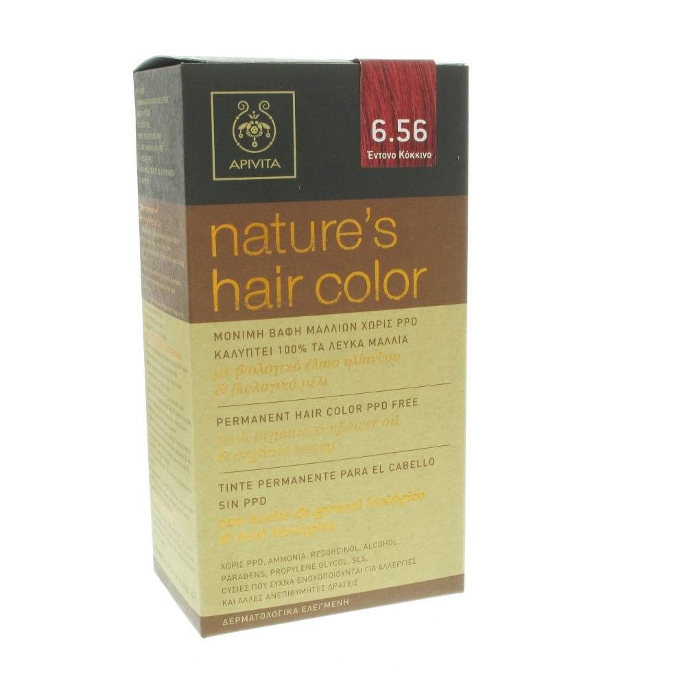Apivita Coloration Capillaire N6.56 doos. Productinformatie en rode kleurmarkering. Opschrift: nature's hair color.