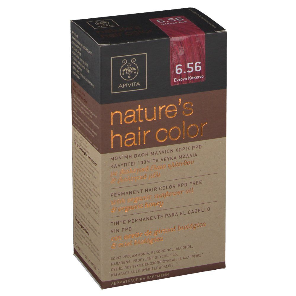 Apivita Coloration Capillaire N6.56 doos. Productinformatie en rode kleurmarkering. Opschrift: nature's hair color.