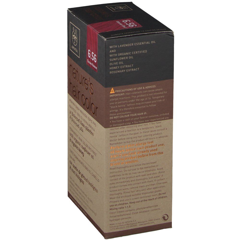 Apivita Coloration Capillaire N6.56 doos. Productinformatie. Opschrift: nature's hair color. Met lavendel- en zonnebloemolie.