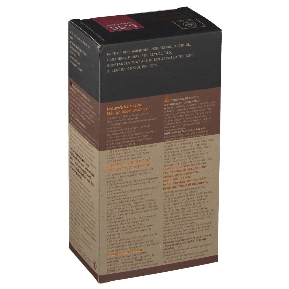 Apivita Coloration Capillaire N6.56 doos. Productinformatie. Opschrift: nature's hair color. Vrij van PPD, ammoniak, resorcinol.