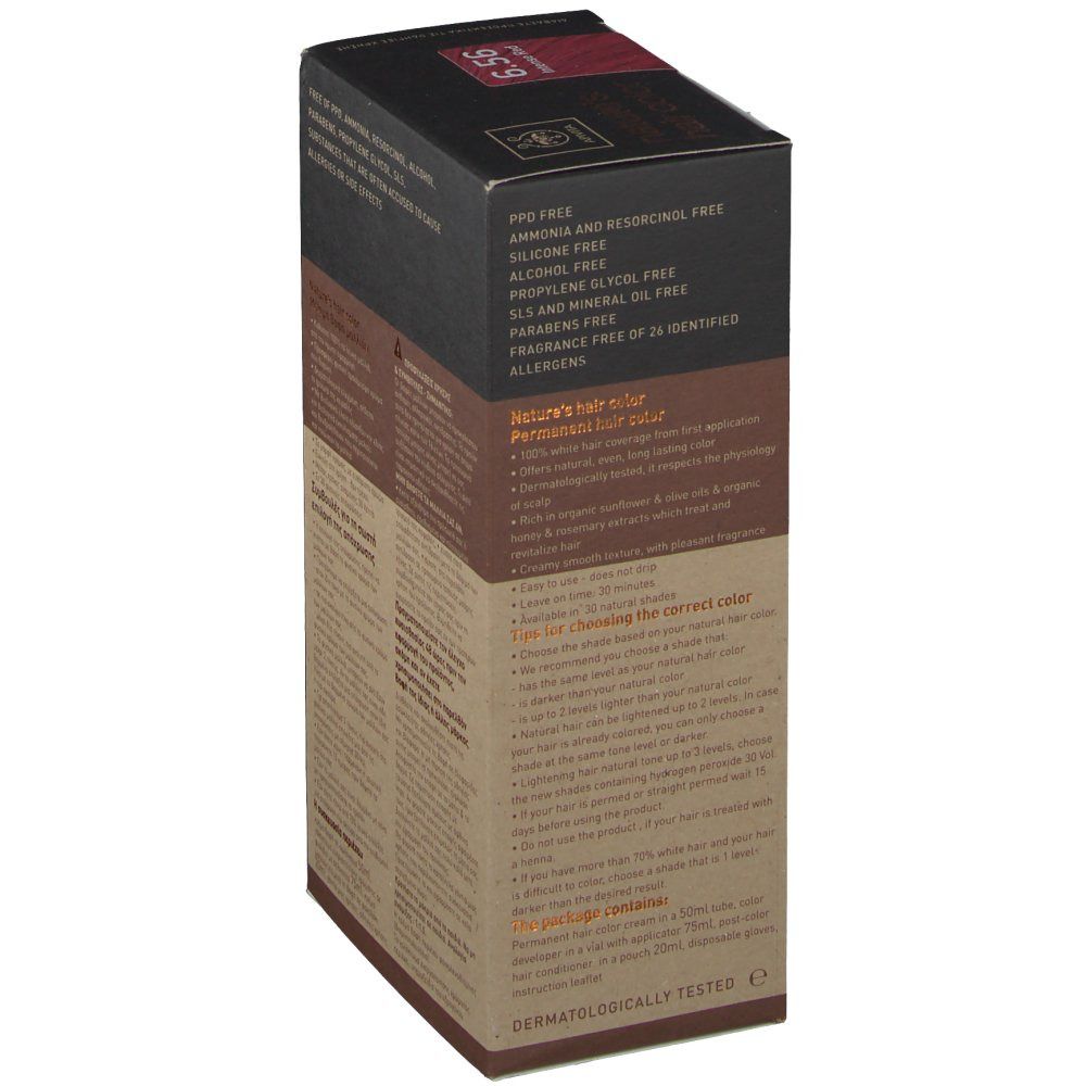 Apivita Coloration Capillaire N6.56 doos. Productinformatie. Opschrift: nature's hair color. Vrij van PPD, siliconen, alcohol.