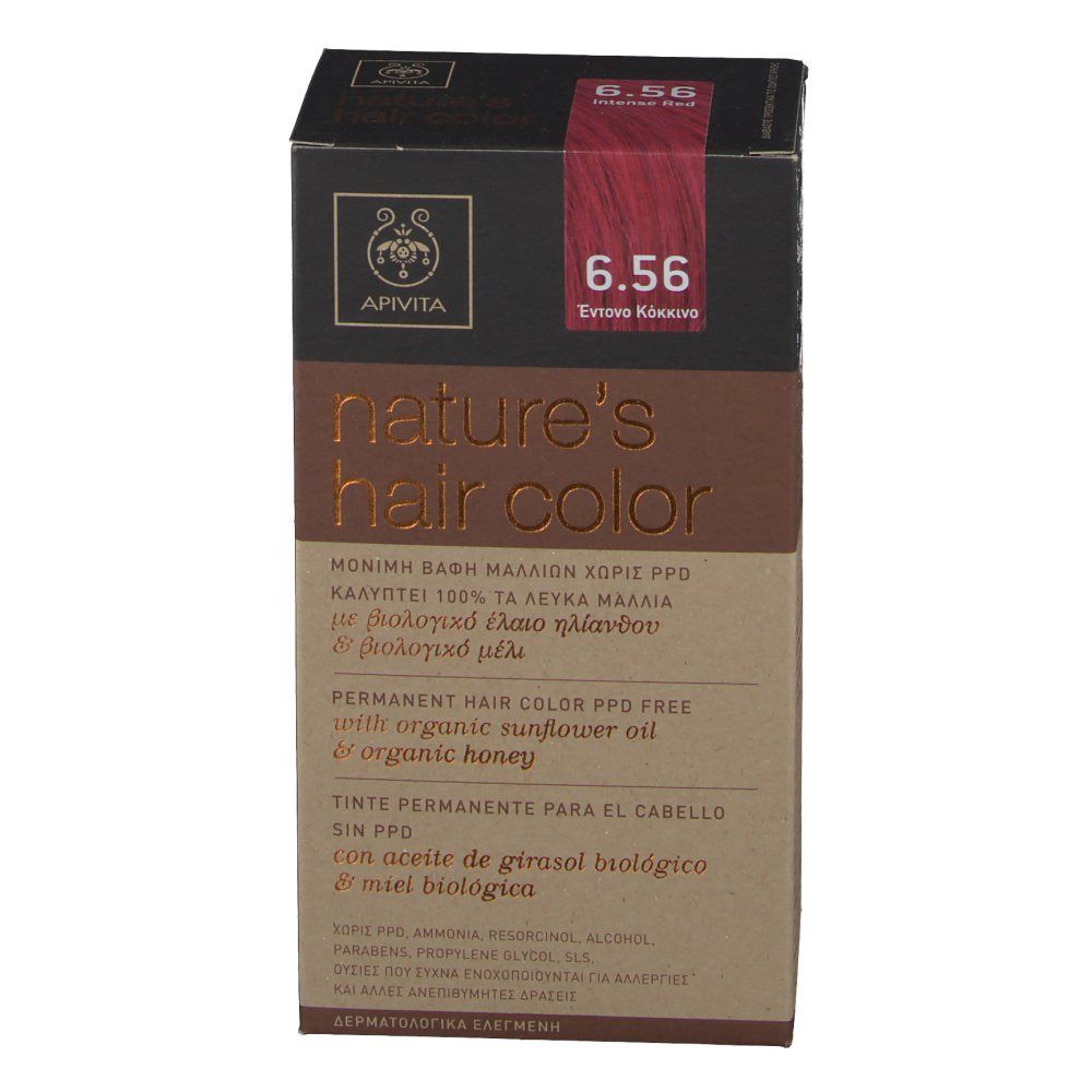 Apivita Coloration Capillaire N6.56 doos. Productinformatie en rode kleurmarkering. Opschrift: nature's hair color.