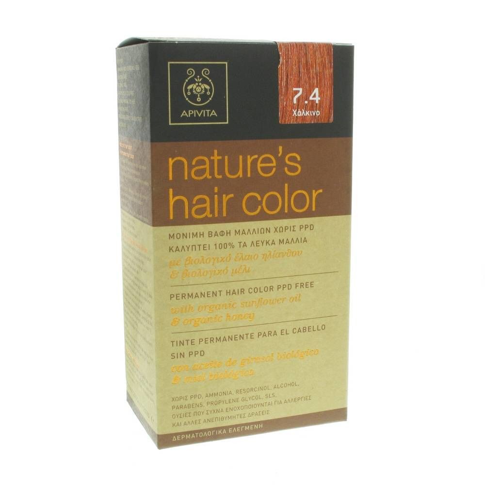 Boîte de coloration capillaire Apivita 7.4 Cuivre. Sans PPD. Huile de tournesol et miel bio. Texte en plusieurs langues.