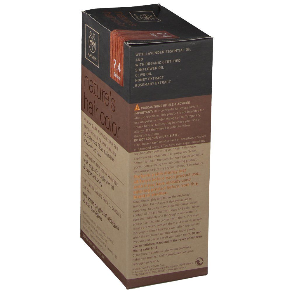 Dos de boîte de coloration capillaire Apivita. Huile de lavande, tournesol, olive, miel, romarin. Texte multilingue.