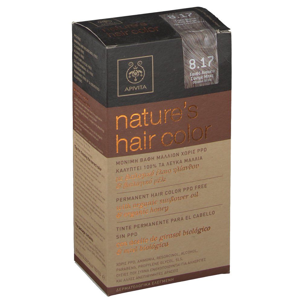 Apivita Coloration Capillaire N8.17 doos. Productinfo en kleurnummer. Schuin aanzicht.