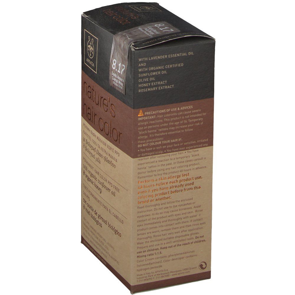 Apivita Coloration Capillaire N8.17 doos. Productinformatie. Zijaanzicht met tekst.