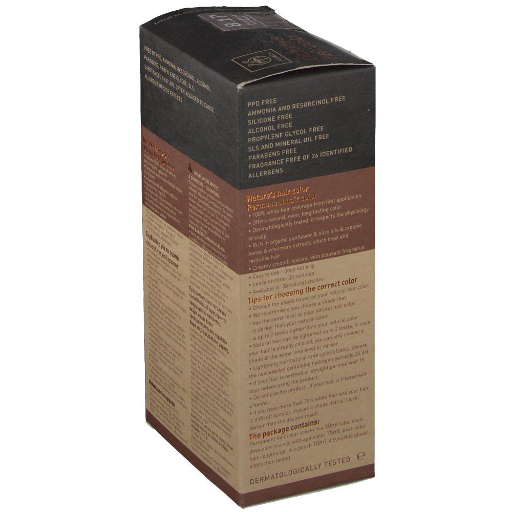 Apivita Coloration Capillaire N8.17 doos. Productinformatie. Zijaanzicht met tekst.