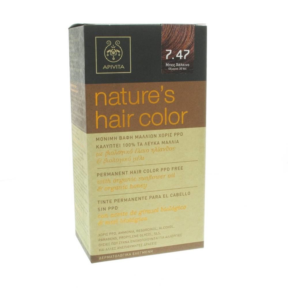 Boîte de coloration capillaire. Inscriptions : Apivita, nature's hair color, teinte 7.47.