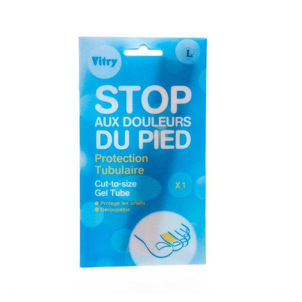 Emballage bleu. Texte: Vitry, STOP AUX DOULEURS DU PIED, Protection Tubulaire, Cut-to-size Gel Tube. Illustration d'un pied.
